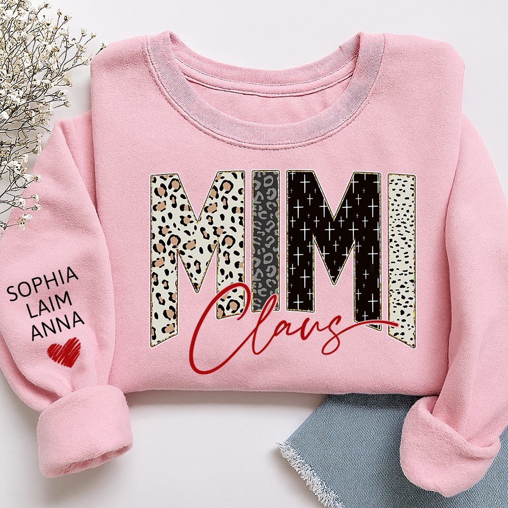 Personalized Mimi Claus Leopard Sweatshirt – Custom Bible Style Design, Unique Gift for Grandma and Her Grandkids