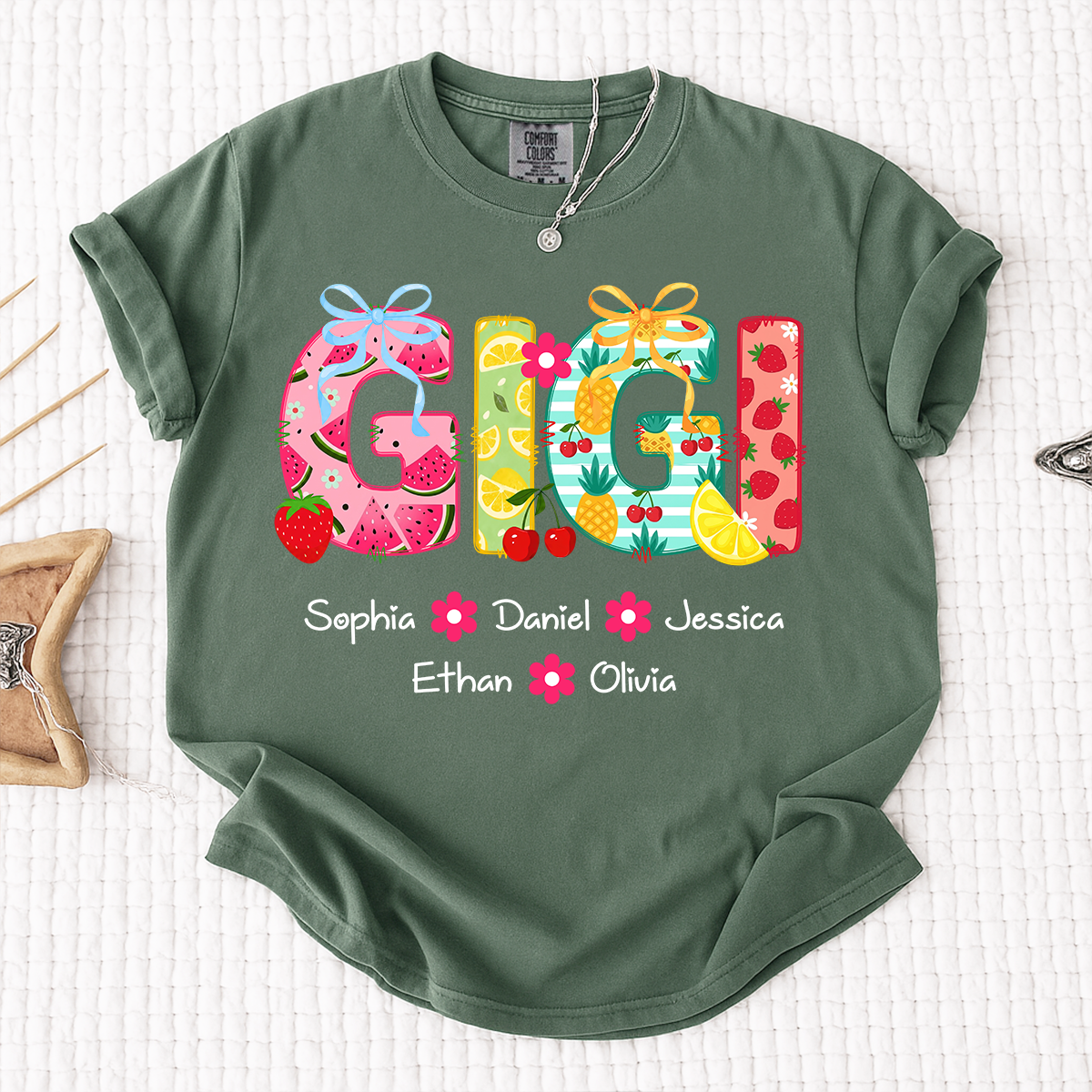 Comfort Colors Personalized Gigi Summer Shirt, Custom Grandma T Shirt with Grandkids Names, Fruit Pattern Family Tee for Gigi Nana Mimi