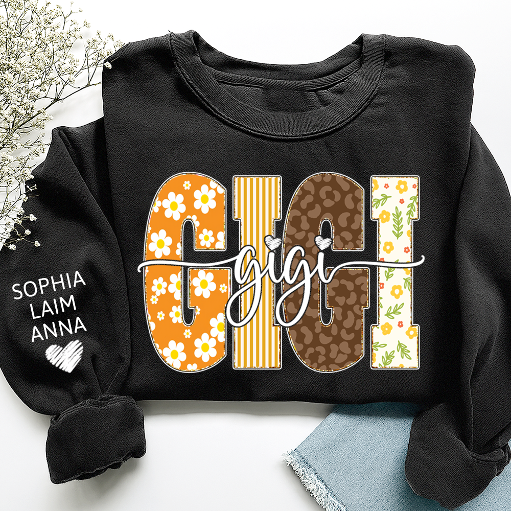 Gigi Fall Grandma Sweatshirt – Custom Name Sleeve and Retro Plaid Floral Letter Design
