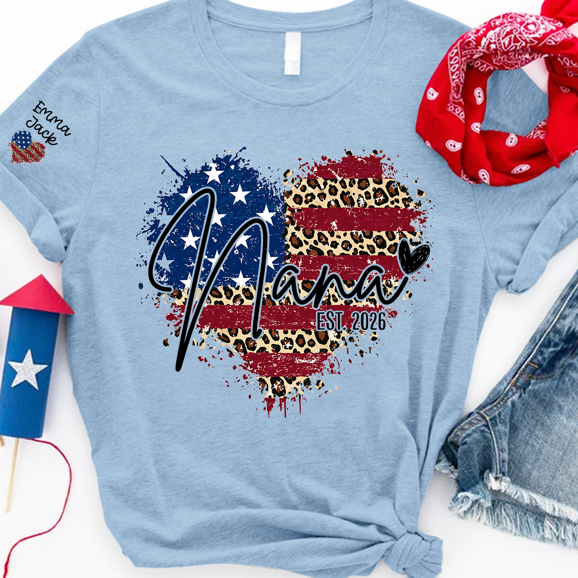 Custom American Flag Heart Nana T-shirt, Grandma Shirt with Kids, Mother's Day Gift for Grandma