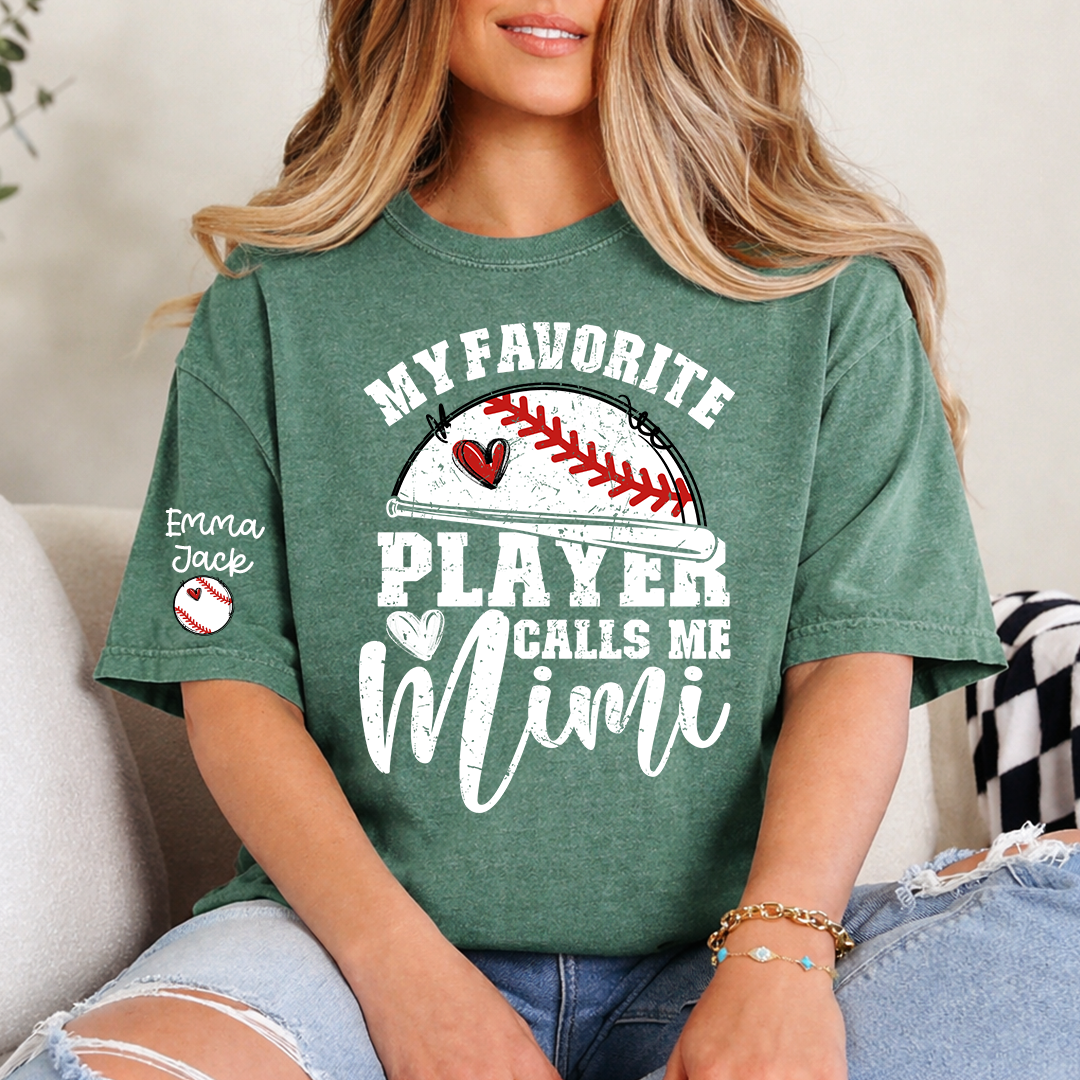 My Favorite Player Calls Me Mimi Shirt, Personalized Baseball T Shirt with Grandkids Names