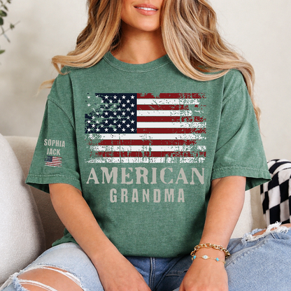 Custom American Grandma T-Shirt, Personalized Grandkids Name Sleeve Patriotic Shirt