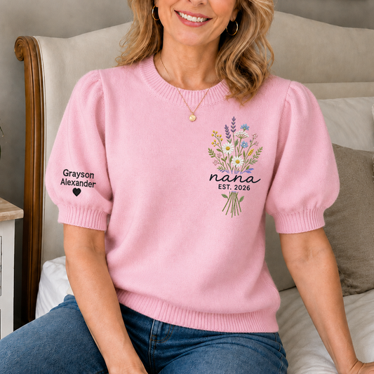Custom Embroidered Knit Nana Sweater – Personalized Wildflower Bouquet EST. 2026 Crewneck with Sleeve Name