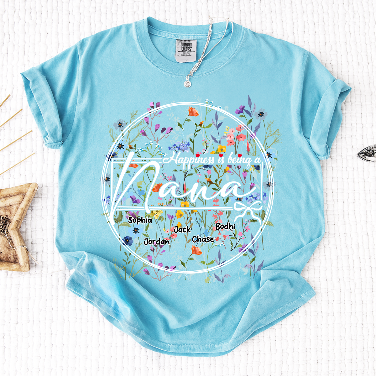 Comfort Colors® Happiness is Being a Nana - Personalized Floral Shirt with Kids’ Names, Ideal Gift for Nana