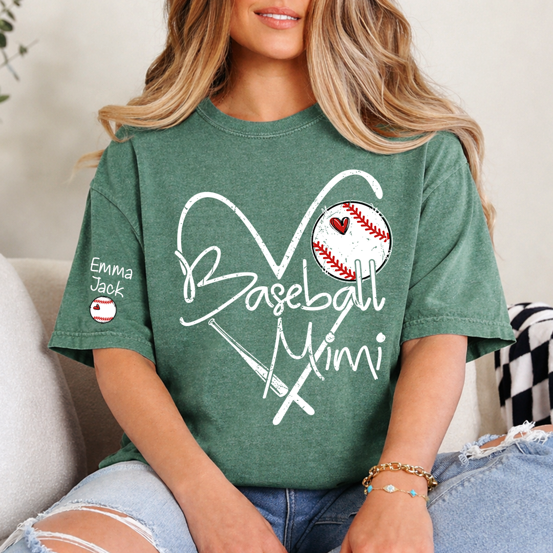 Baseball Mimi Shirt Personalized with Grandkids Names, Heart and Bat Sports Family T Shirt