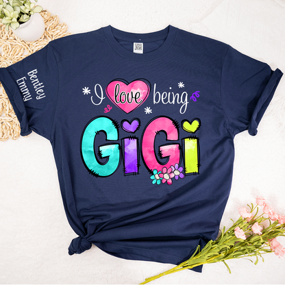 Personalized I Love Being Gigi Shirt, Custom Nickname and Grandkids' Names T-Shirt