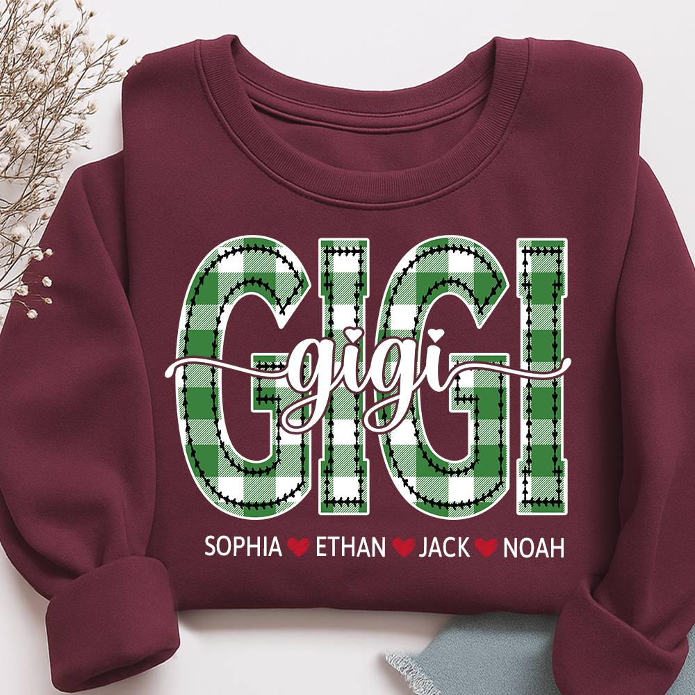 Personalized Gigi Sweatshirt, Custom Green Plaid Letters Shirt with Grandkids Names