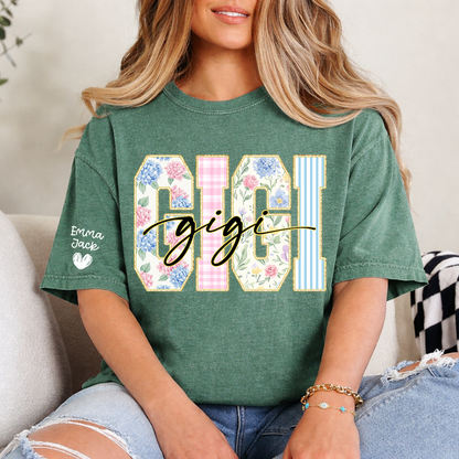 Custom Gigi T Shirt for Women, Personalized Grandma Tee, Floral Pattern Letters Graphic Shirt, Family Love Gift for Gigi