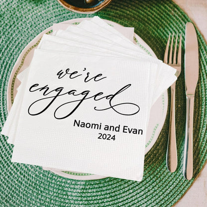 We're Engaged Napkins Engagement Party Decorations Custom Wedding Napkins Cocktail With Name Napkins Rehearsal Dinner Custom Wedding Napkins
