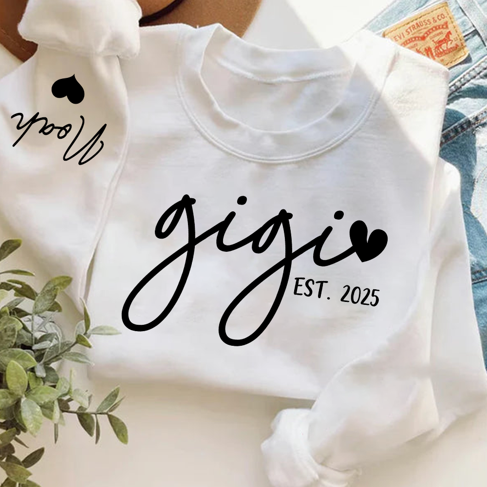 Personalized Gigi Sweatshirt, Custom Printed Name and Grandkids’ Names on Sleeve with Heart