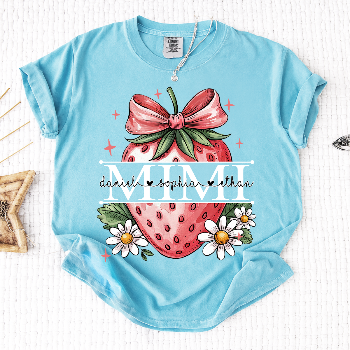 Comfort Colors® Custom Mimi T Shirt with Strawberry Bow Design, Floral Grandma Graphic Tee, Cute Summer Fruit Shirt for Mimi