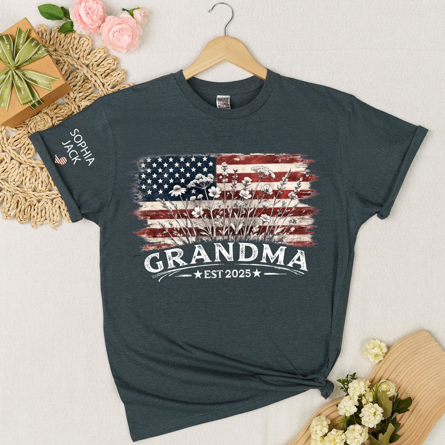 Personalized Grandma Est 2025 Shirt, Custom Nana Mimi Gigi Grandma Tee With Kids Names On Sleeve, Patriotic Floral American Flag Shirt Family Grandkids Gift U.S. 250th Anniversary Apparel