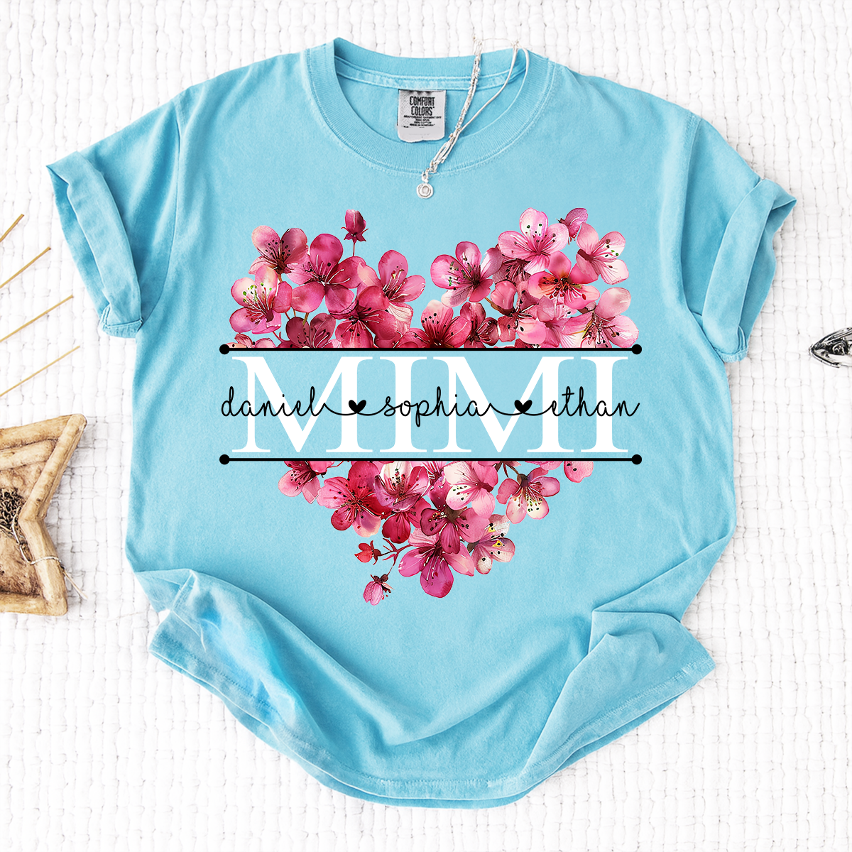 Comfort Personalized Mimi Shirt with Grandkids Names, Pink Floral Heart Family T Shirt