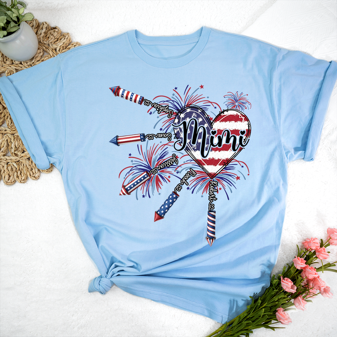 Patriotic Mimi Shirt with Firework Heart and American Flag Design for 4th of July
