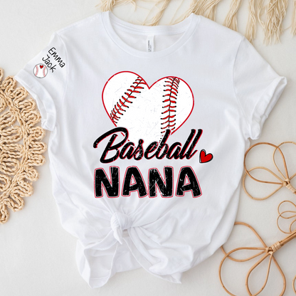 Baseball Nana T-Shirt With Custom Grandkids Names, Heart Graphic Design For Gift Gradma And Kids