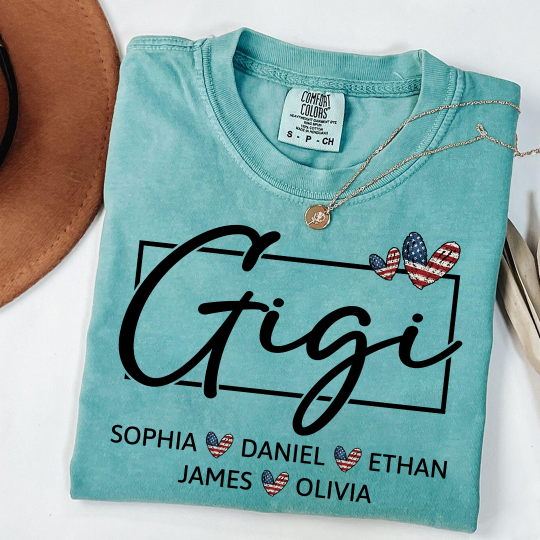 Comfort Colors Personalized Gigi Shirt with Children Names USA Flag Heart Graphic Custom Grandma Tee Stylish Script Design Family Gift Shirt
