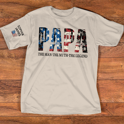 Papa The Man The Myth The Legend Tee, Custom Papa Shirt with Kids Names, USA Flag Design, Meaningful Gift for Father Grandpa