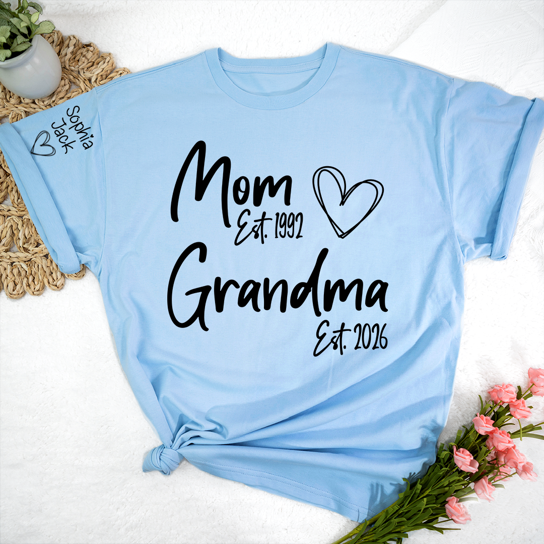 Personalized Mom Grandma Shirt, Est Year Minimal Family Design, With Grandma And Kids Names