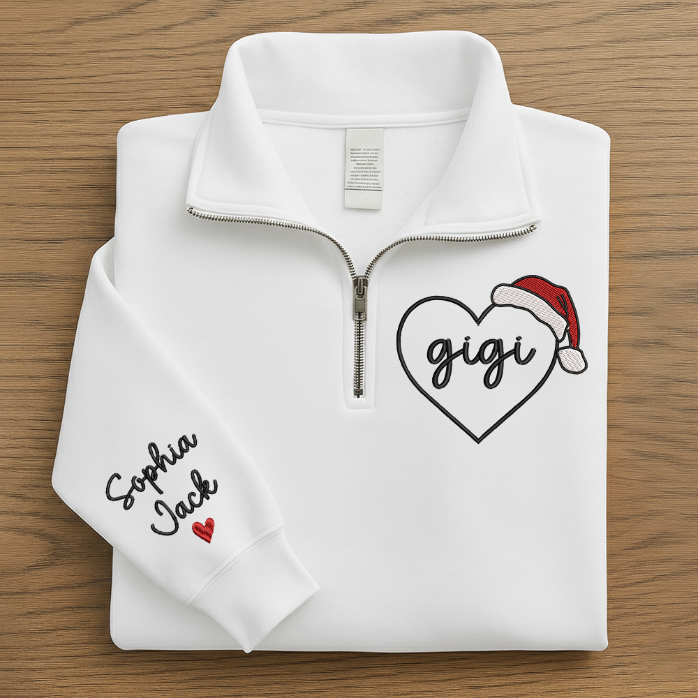 Custom Gigi Heart Zip Sweatshirt With Santa Hat – Personalized Christmas Gift For Grandma Or Gigi