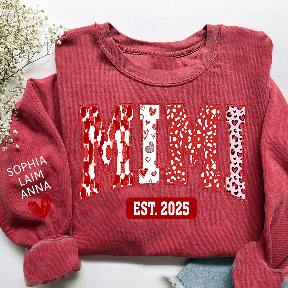 Custom Mimi Sweatshirt, Valentine Heart Pattern Pullover with Names