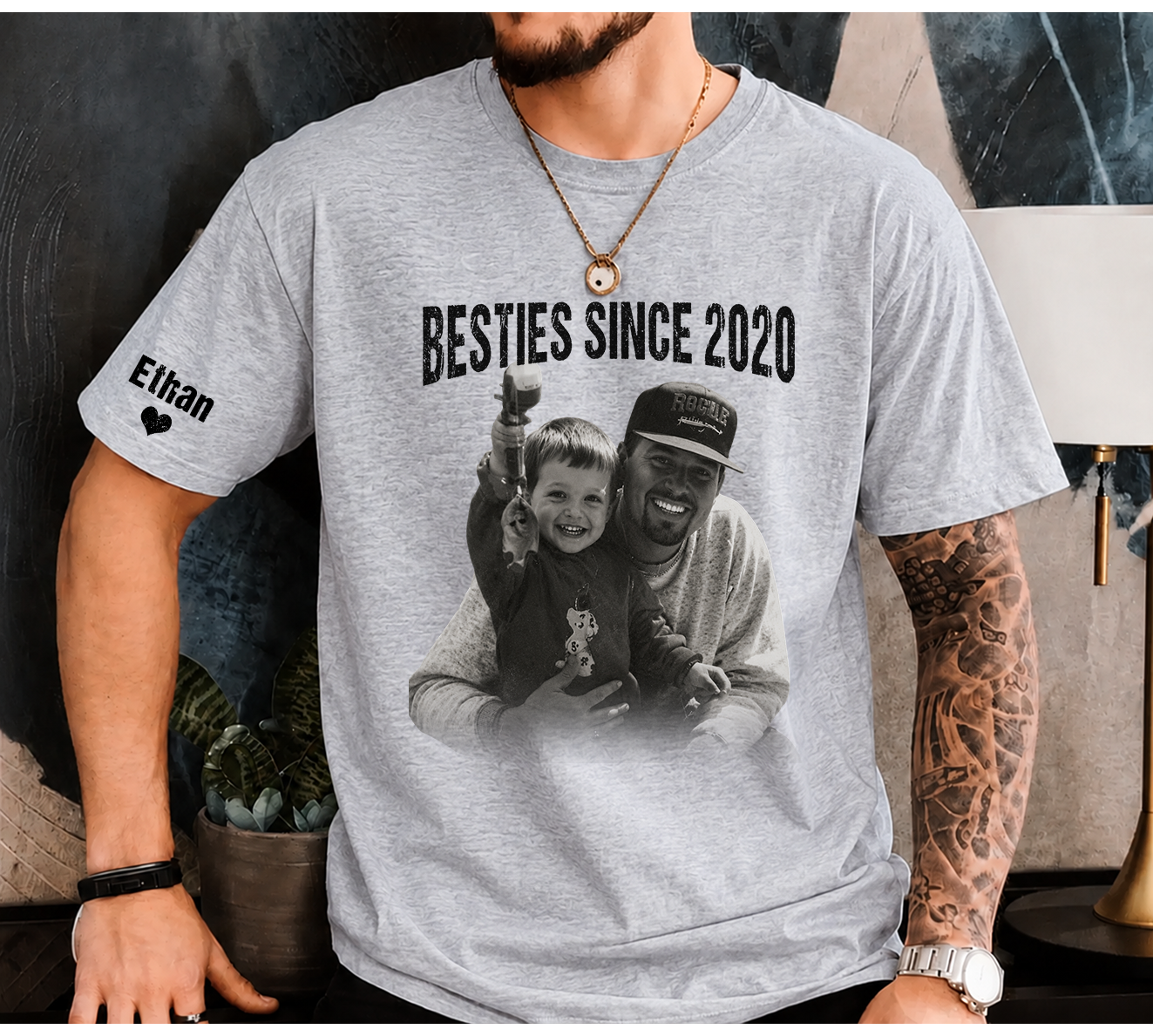 Personalized Besties Since Shirt with Custom Photo and Name on Sleeve Gift for Father’s Day