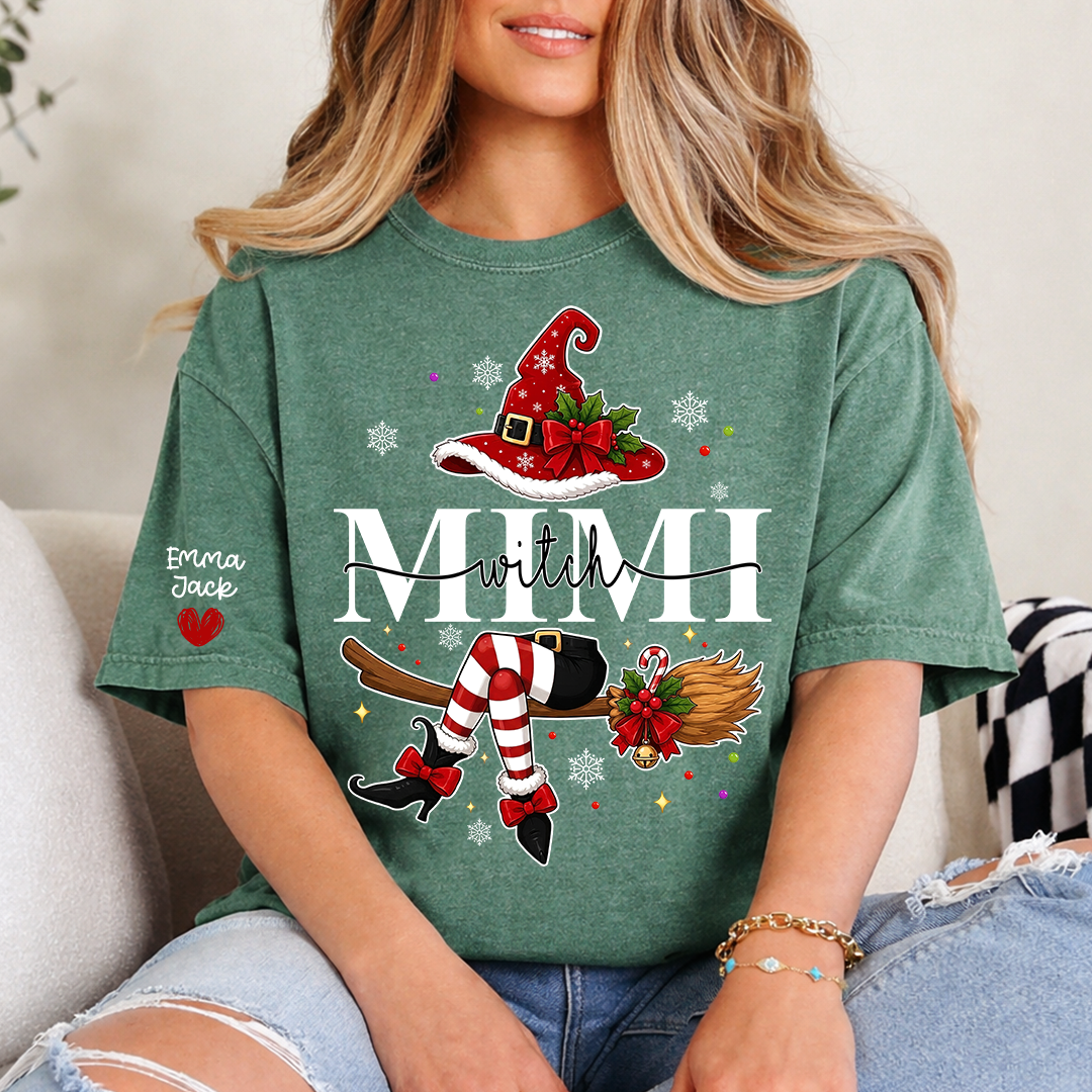 Mimi Christmas Shirt for Women, Cute Holiday Santa Witch Design Tee, Personalized Grandma Family Gift T Shirt