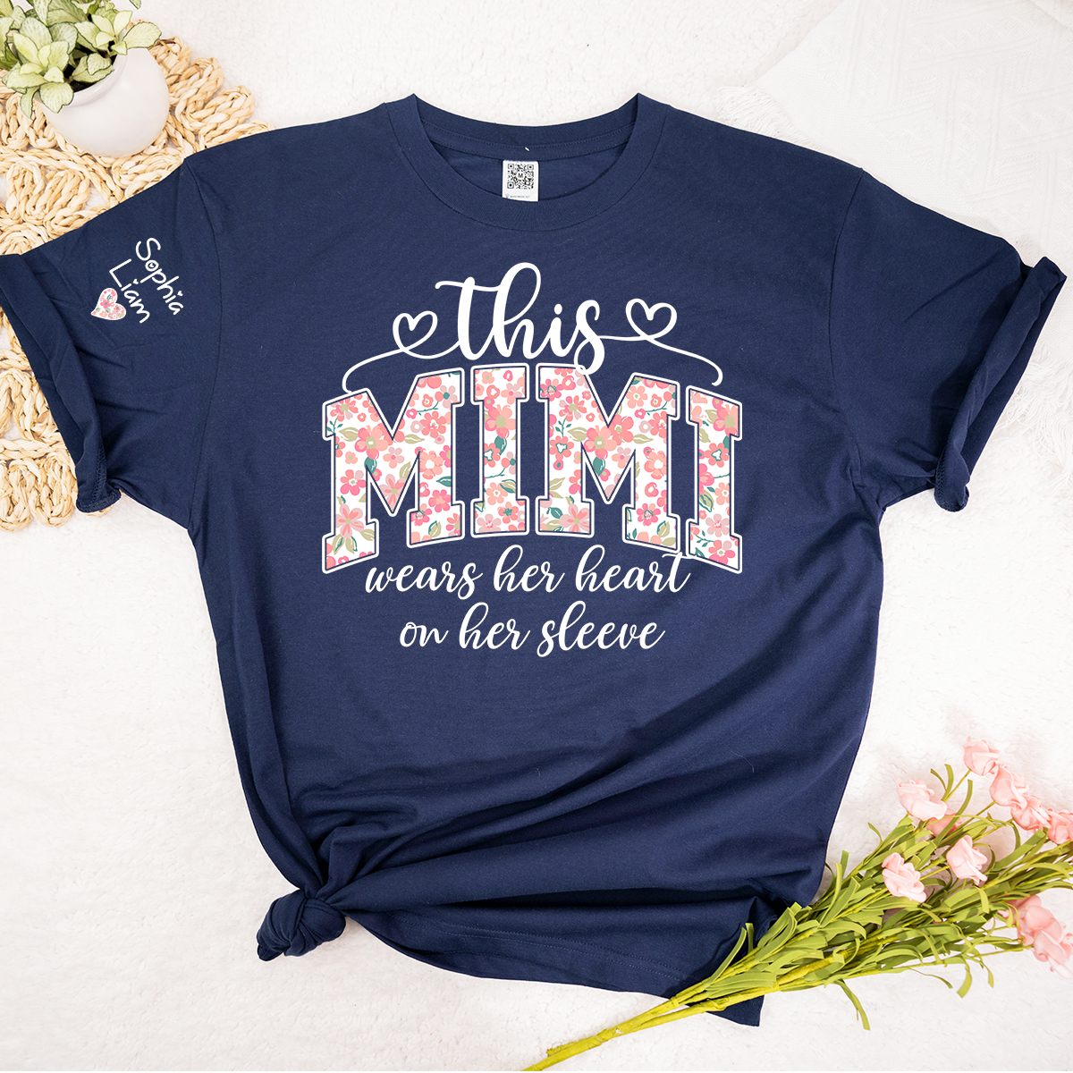 This Mimi Wears Her Heart On Her Sleeve Shirt, Personalized Mimi Shirt with Kids Names on Sleeve, Custom Grandma Gift