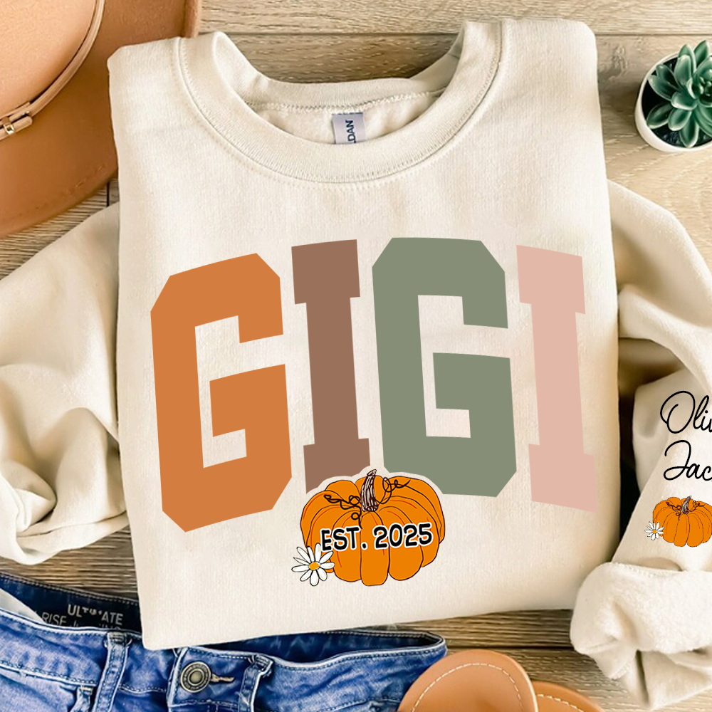 Custom Grandma Autumn Pumkin Sweatshirt, Personalized For Gigi And Kids