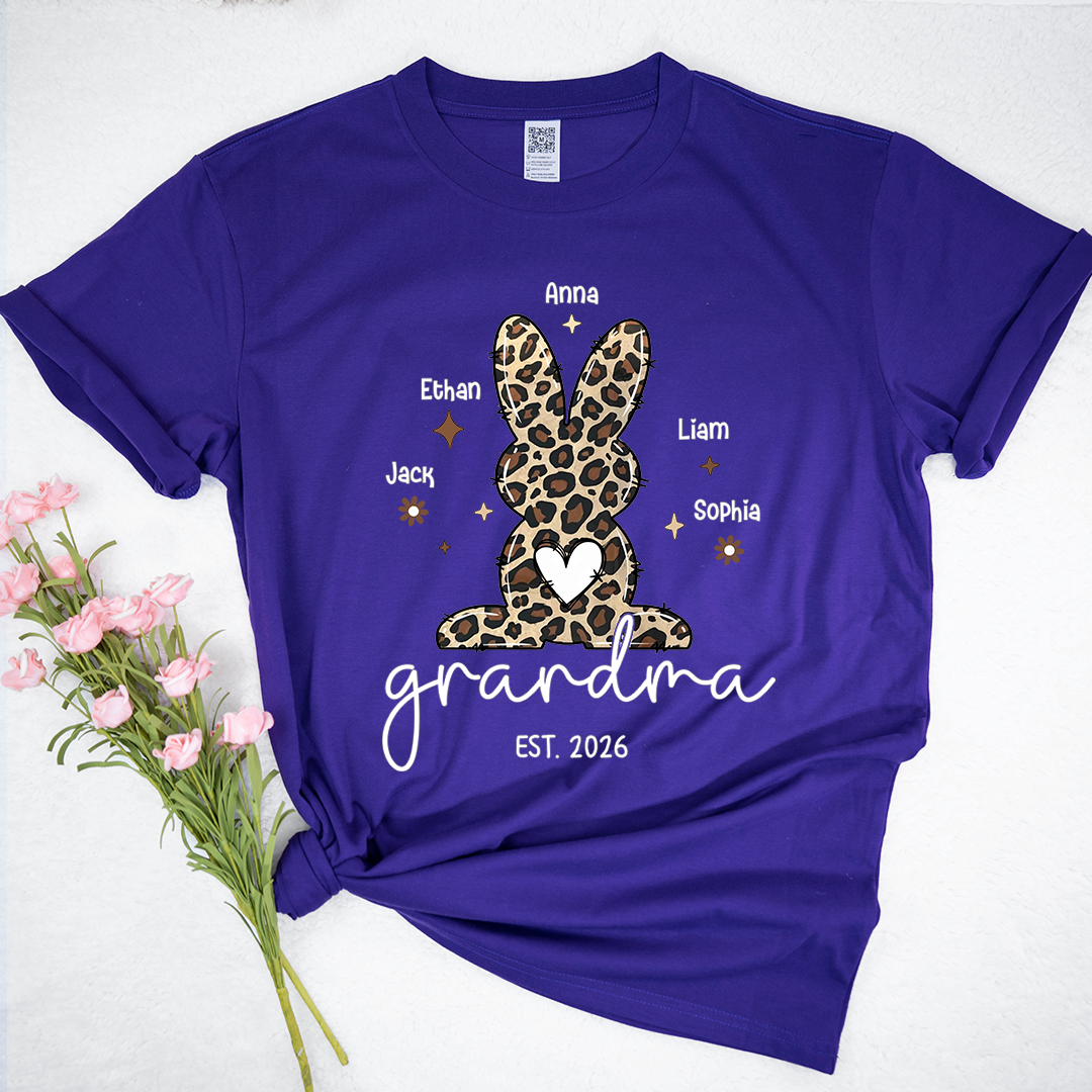 Personalized Grandma Easter Bunny Leopard Print T-shirt, Custom Grandma And Kids