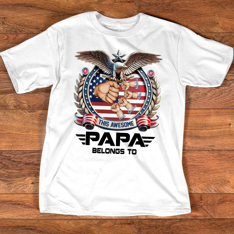 Personalized Papa Shirt This Awesome Papa Belongs To, Custom Kids Names Patriotic Eagle T-Shirt