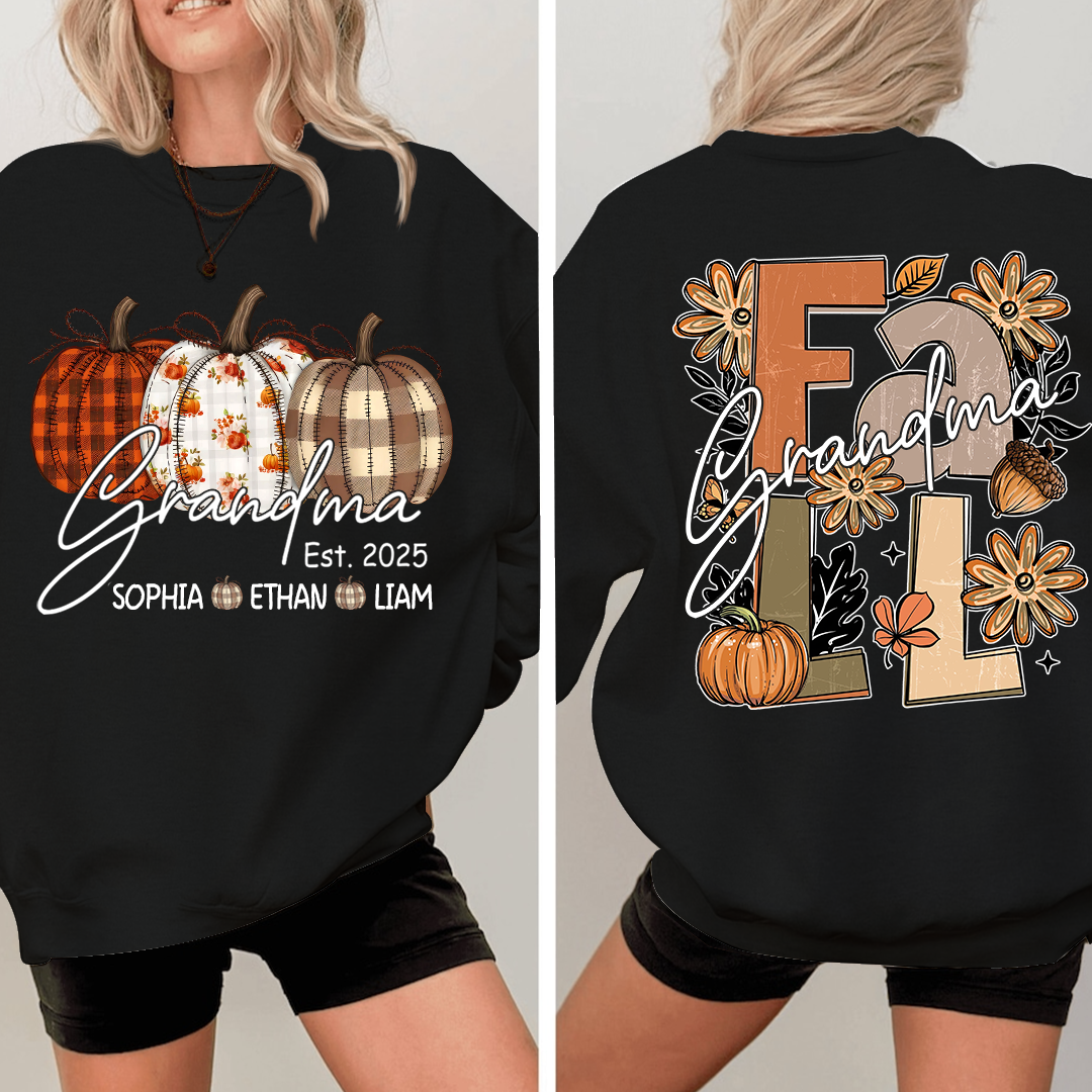 Grandma Autumn Sweatshirt, Pumpkin Floral Shirt with Custom Grandkids Names