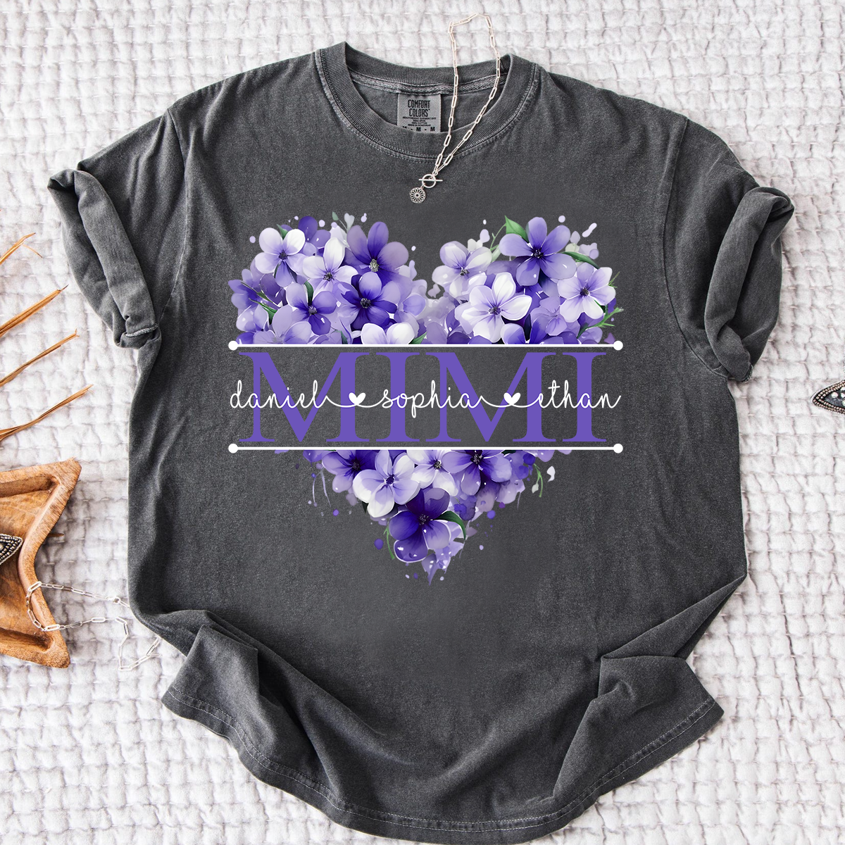 Comfort Colors Personalized MIMI T Shirt, Custom Family Names with Purple Floral Heart Design, Perfect Gift for Mimi