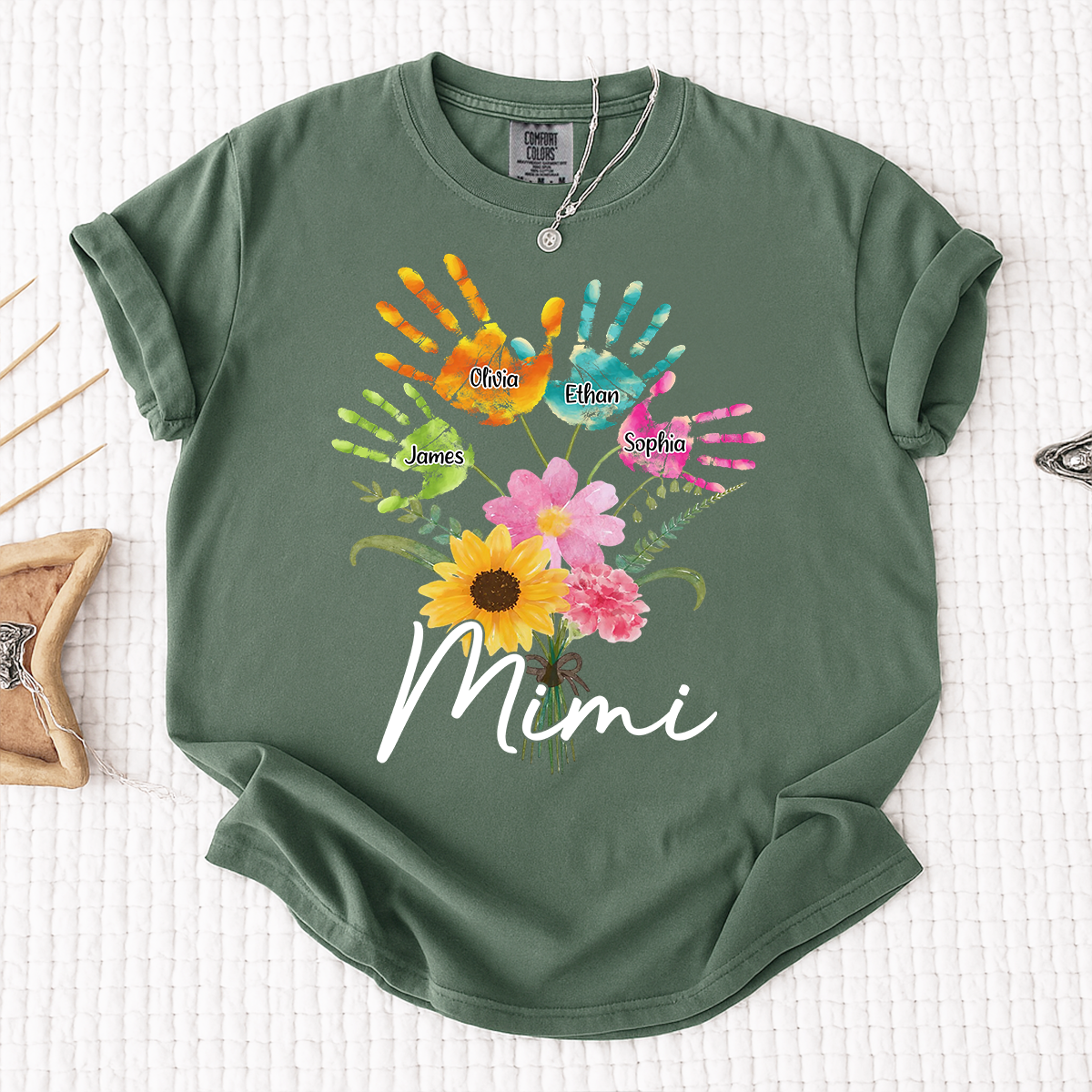 Custom Mimi Shirt, Personalized Handprints and Flowers with Family Names, Idea Gift for Mimi