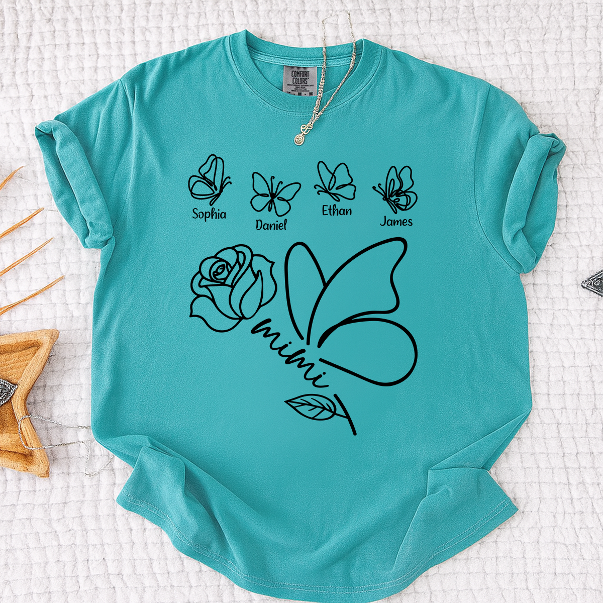 Comfort Colors Custom Mimi Shirt, Butterfly and Rose Graphic, Personalized with Kids Names, Family Gift