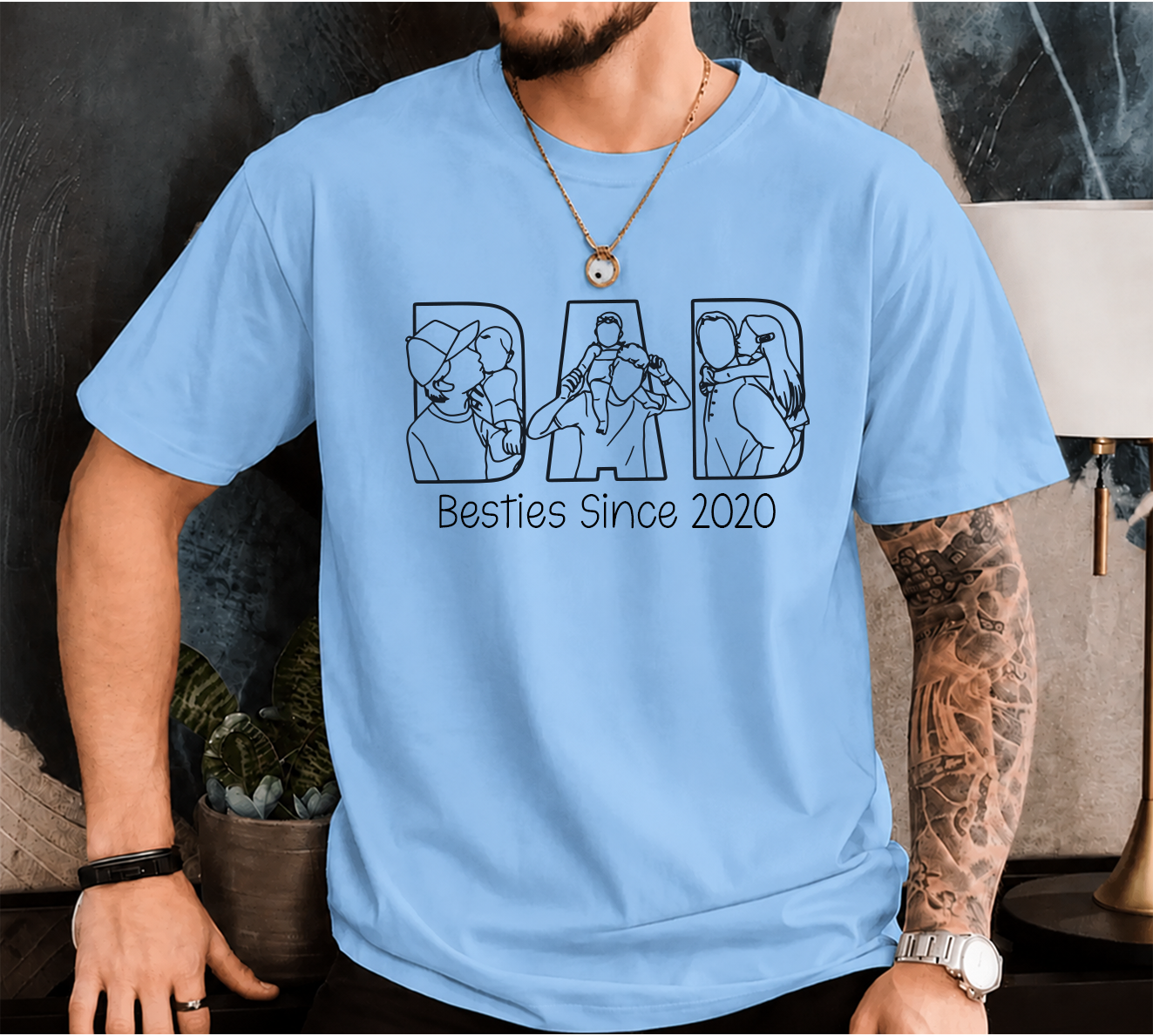 Personalized Photo Dad T-Shirt – Custom Line Art Family Design Gift for Daddy Papa Dad