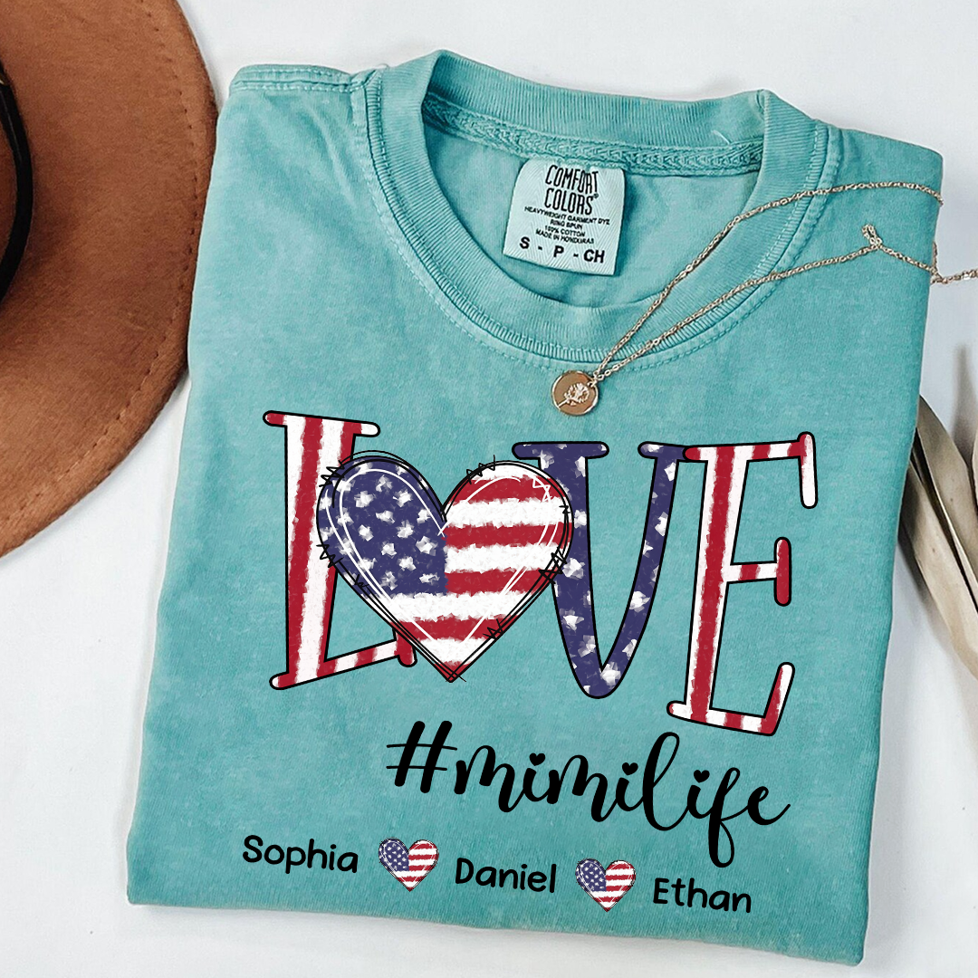 Comfort Colors Custom Mimi T Shirt with Grandkids Names USA Flag Love Graphic Mimi Life Shirt Personalized Grandma Apparel Family Gift