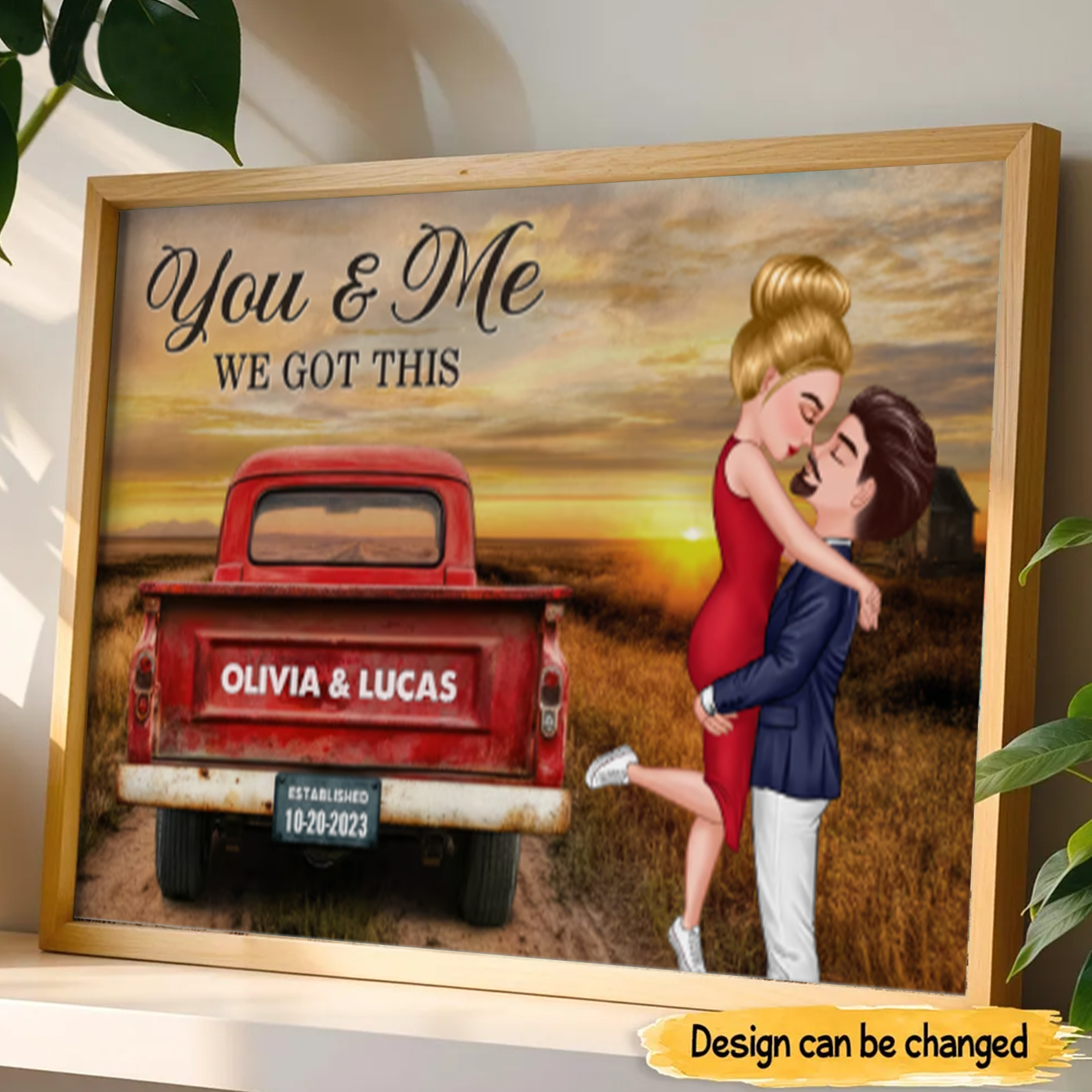 Custom Rustic Red Truck Couple Hugging Kissing Poster, Nostalgia Poster Heartfelt, Valentine Anniversary Gift For Him Her