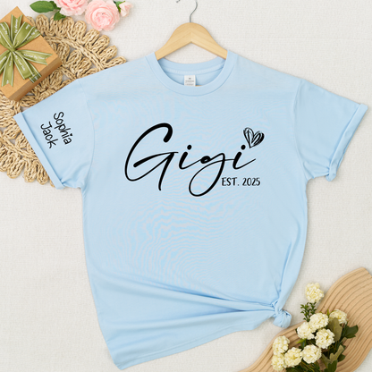 Personalized Gigi EST. 2025 T-Shirt with Custom Names for Family - Unique Gift for Grandma, Mom, or Loved Ones