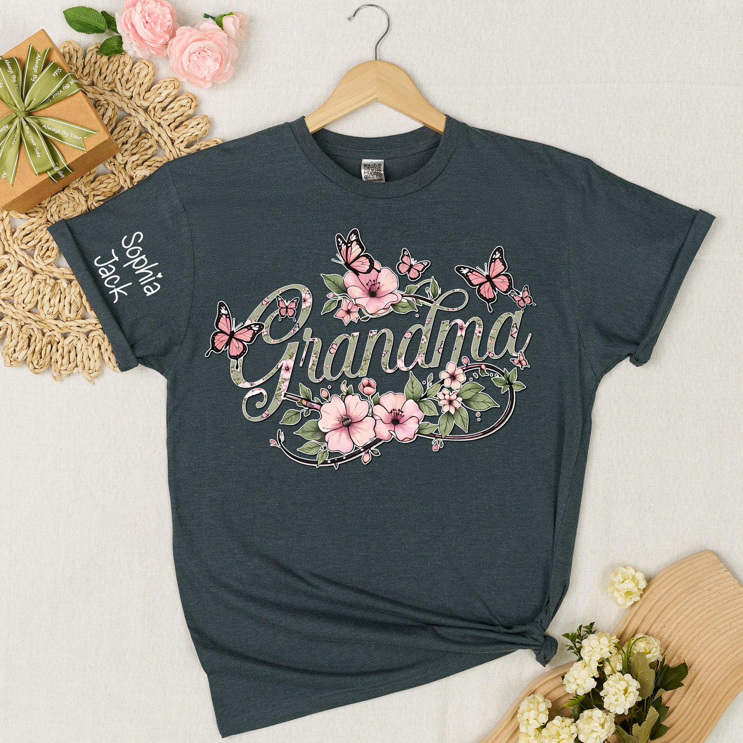 Personalized Floral Grandma Shirt with Custom Name - Custom Butterfly Floral T-shirt for Grandmother Gift