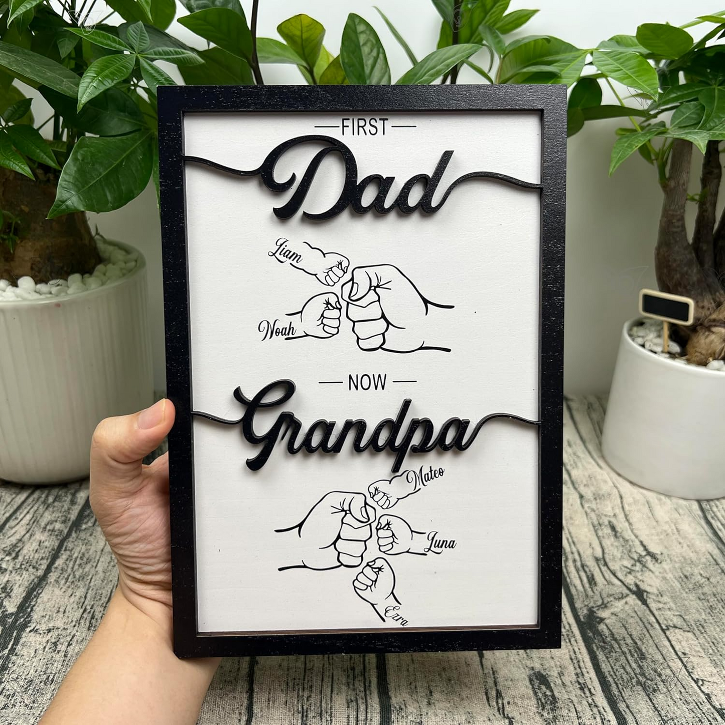 Personalized Fist Bump Dad and Kids Wood Framed Sign