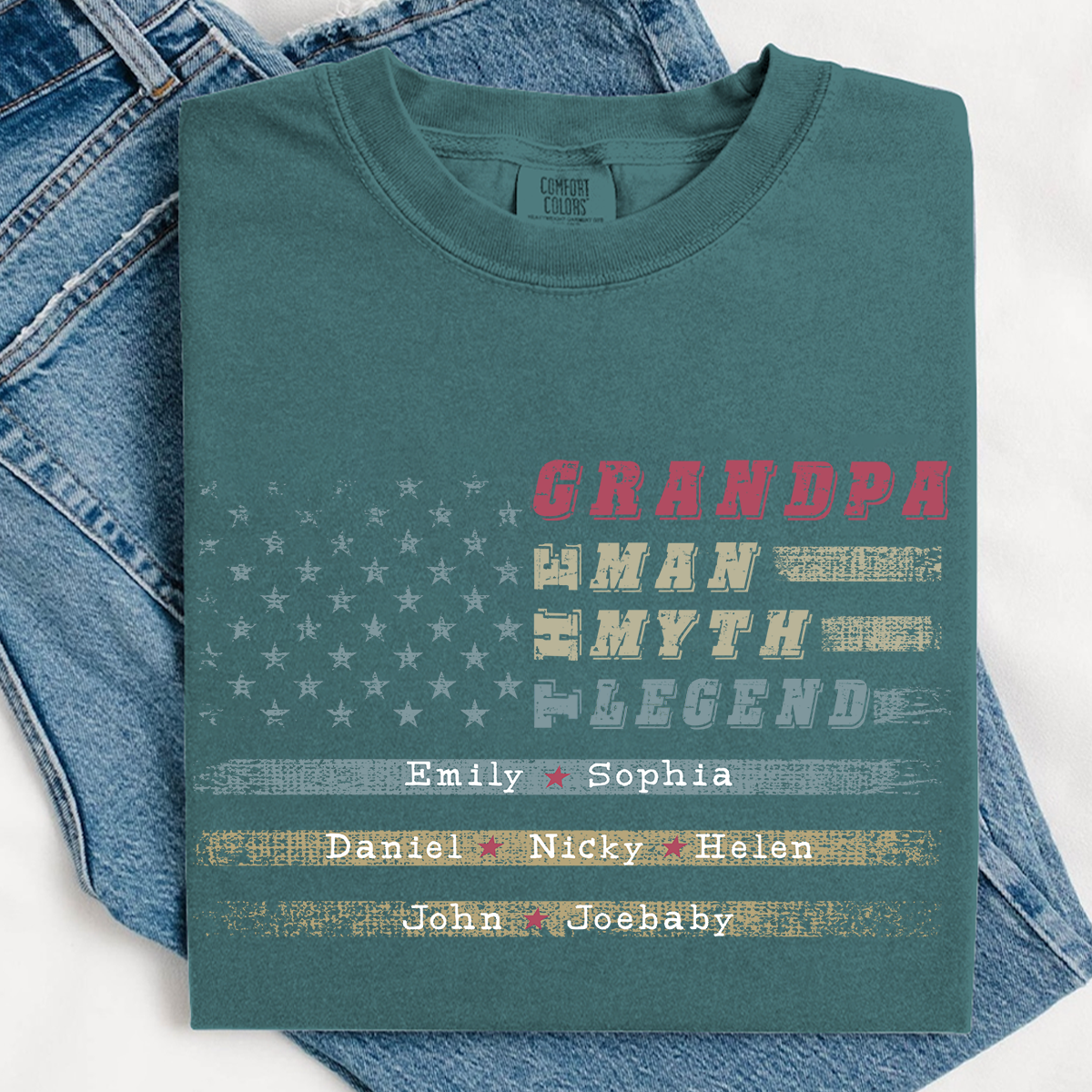 Grandpa The Man The Myth The Legend Shirt - Custom Comfort Colors Tee with Grandkids Names - Father's Day Gift