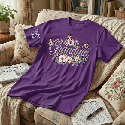Personalized Floral Grandma Shirt with Custom Name - Custom Butterfly Floral T-shirt for Grandmother Gift