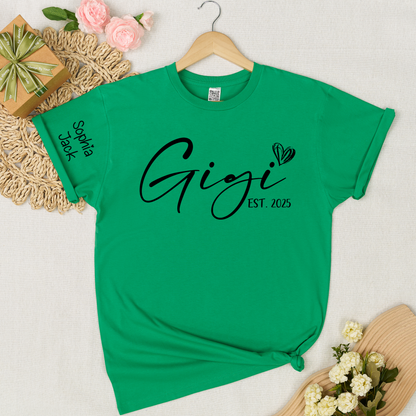 Personalized Gigi EST. 2025 T-Shirt with Custom Names for Family - Unique Gift for Grandma, Mom, or Loved Ones