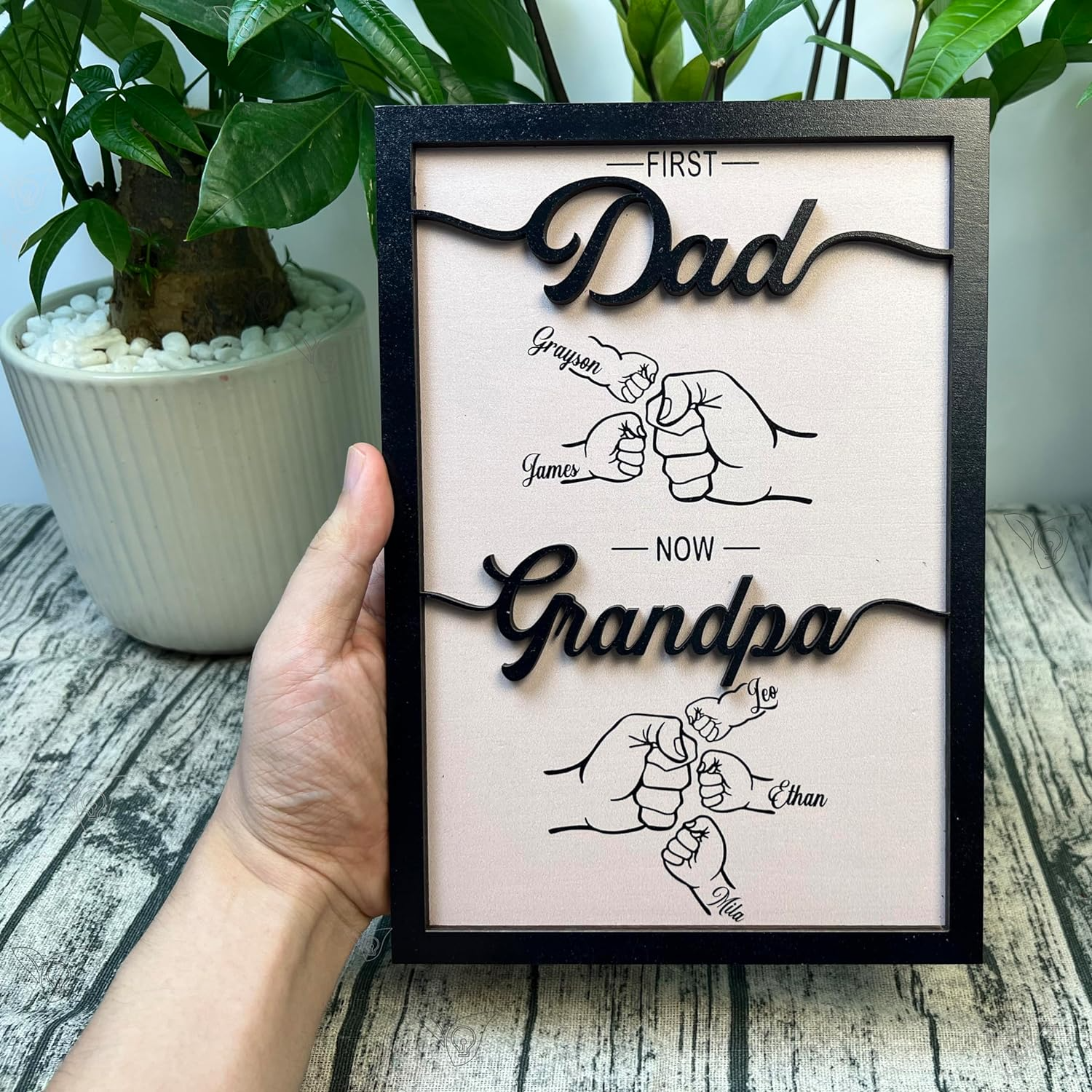 Personalized Fist Bump Dad and Kids Wood Framed Sign