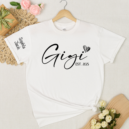 Personalized Gigi EST. 2025 T-Shirt with Custom Names for Family - Unique Gift for Grandma, Mom, or Loved Ones