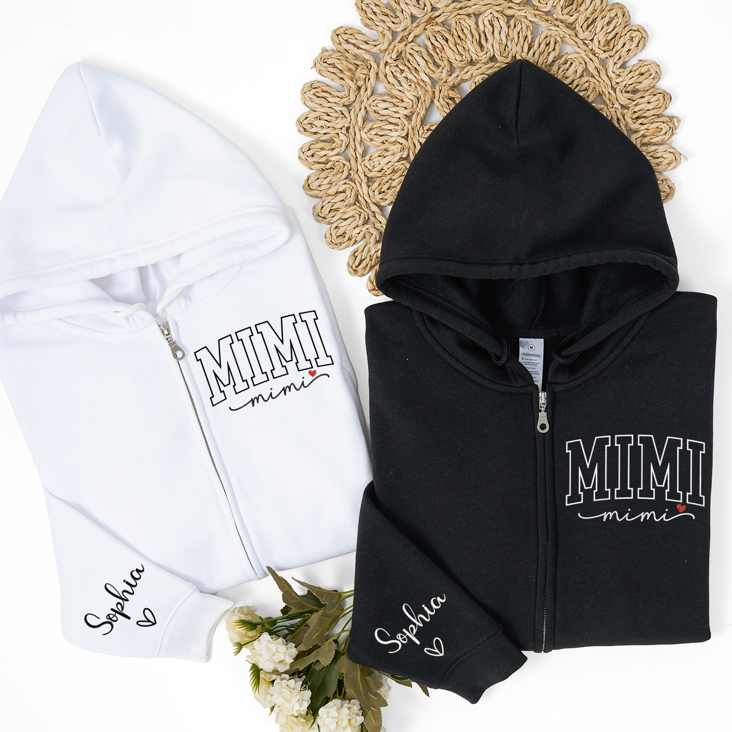 Personalized Mimi Embroidered Zip Hoodie, Custom Grandma Name Sleeve, Full Zip Hooded Sweatshirt for Women, Cozy Family Wear for Mother Day Birthday Holiday