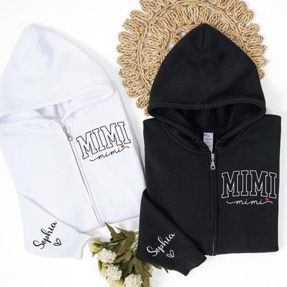 Personalized Mimi Embroidered Zip Hoodie, Custom Grandma Name Sleeve, Full Zip Hooded Sweatshirt for Women, Cozy Family Wear for Mother Day Birthday Holiday