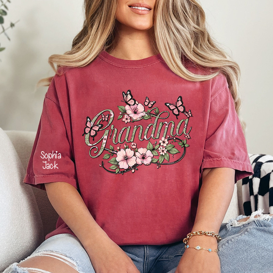 Personalized Floral Grandma Shirt with Custom Name - Custom Butterfly Floral T-shirt for Grandmother Gift