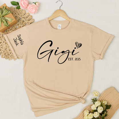 Personalized Gigi EST. 2025 T-Shirt with Custom Names for Family - Unique Gift for Grandma, Mom, or Loved Ones