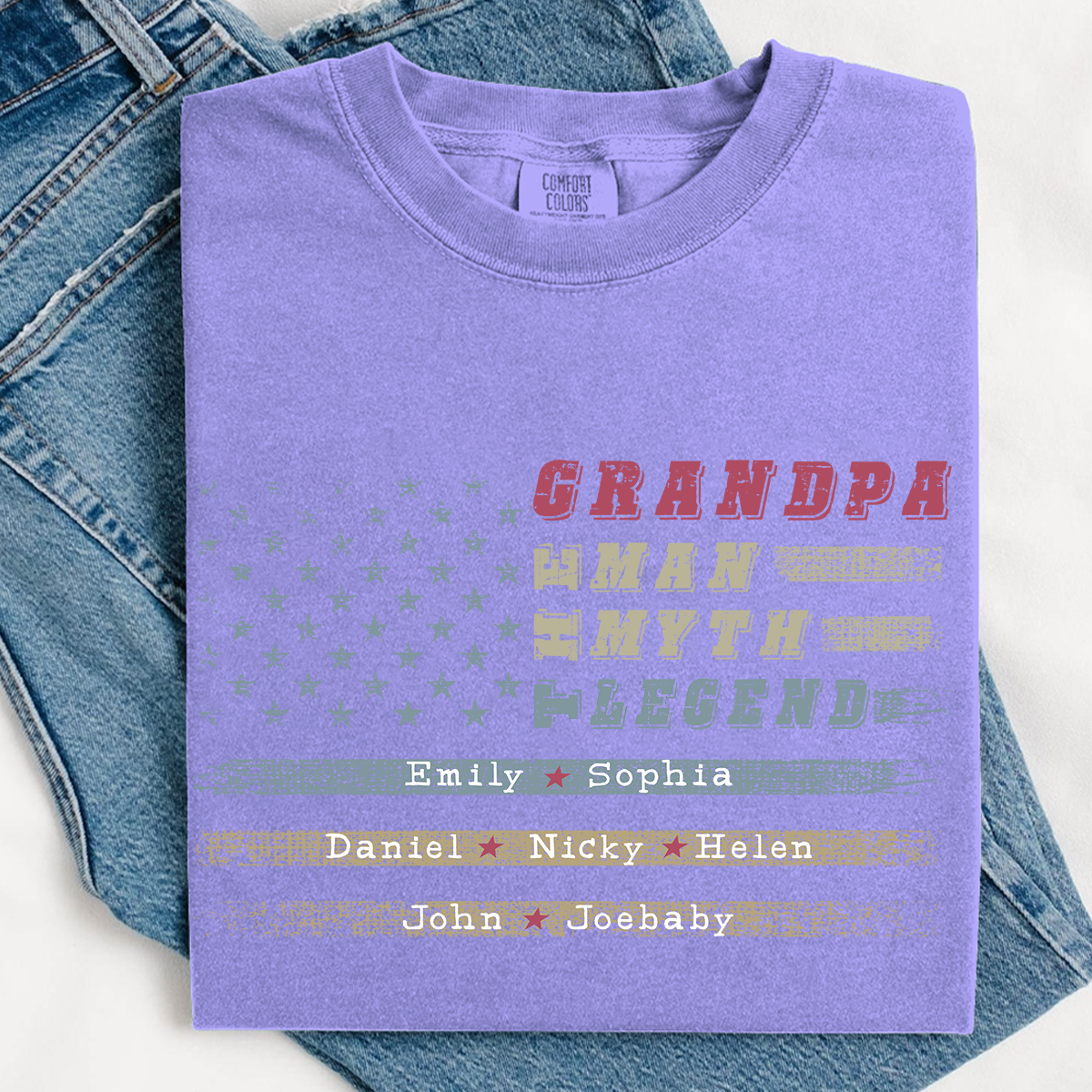 Grandpa The Man The Myth The Legend Shirt - Custom Comfort Colors Tee with Grandkids Names - Father's Day Gift